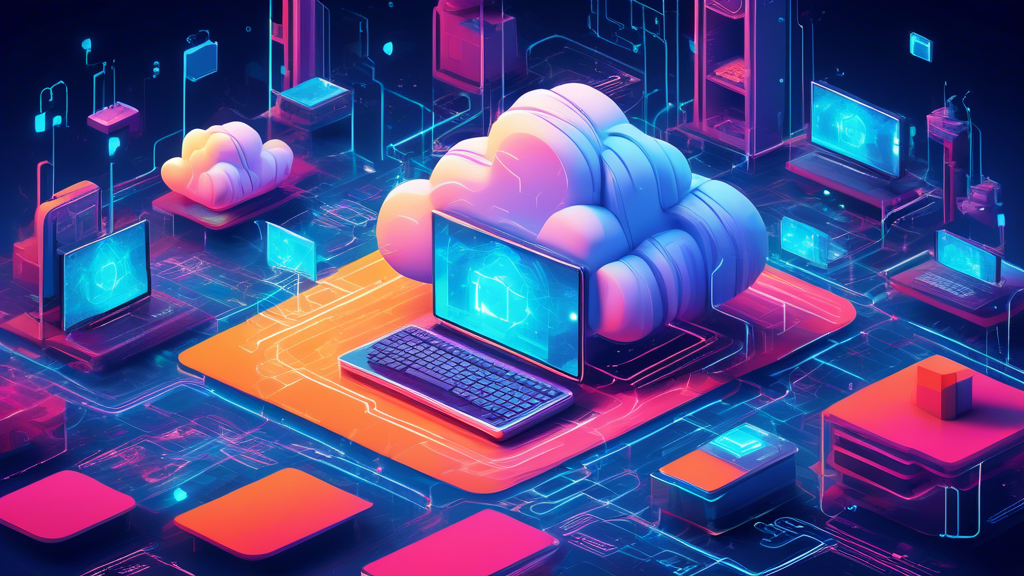 Visualize a futuristic, abstract cloud infrastructure seamlessly integrating with various devices, representing the concept of serverless computing, set against a digital blueprint background.