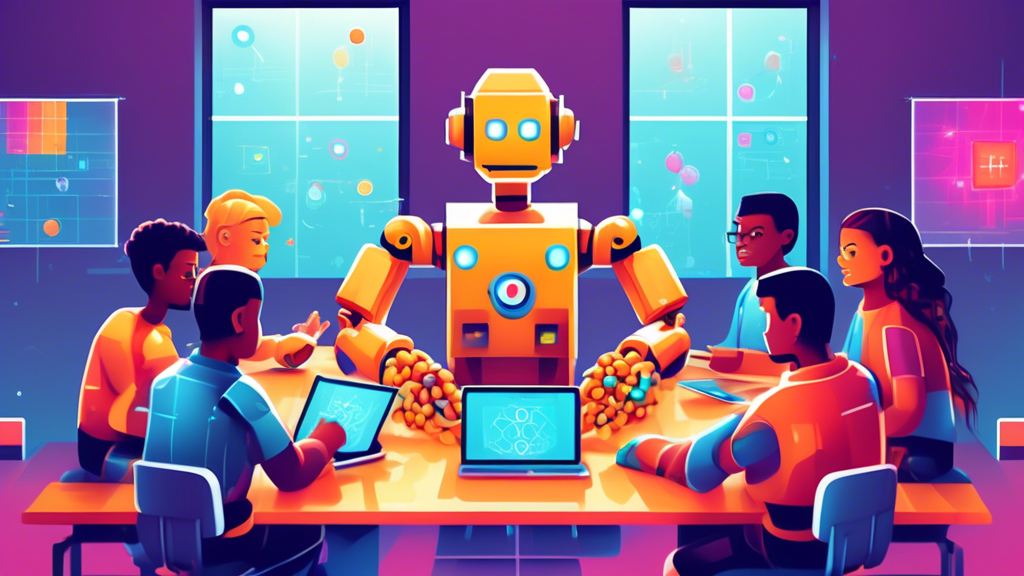 Illustration of a friendly robot teaching a diverse group of beginners about blockchain technology, with visual metaphors like chains, blocks, and digital data, in a bright and easy-to-understand classroom setting.