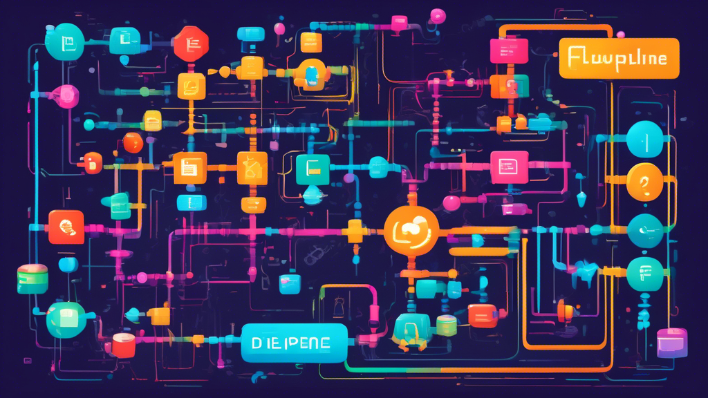 An illustrated digital flowchart showcasing a CI/CD pipeline in a vibrant and engaging educational environment, with symbols and characters representing code integration, testing, delivery, and deployment processes, designed for beginners.