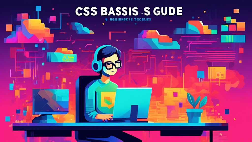 An illustrated book cover showcasing a person sitting at a computer, coding with HTML and CSS tags floating around them in a colorful and inviting digital landscape, titled 'CSS Basics: A Beginner's Guide'