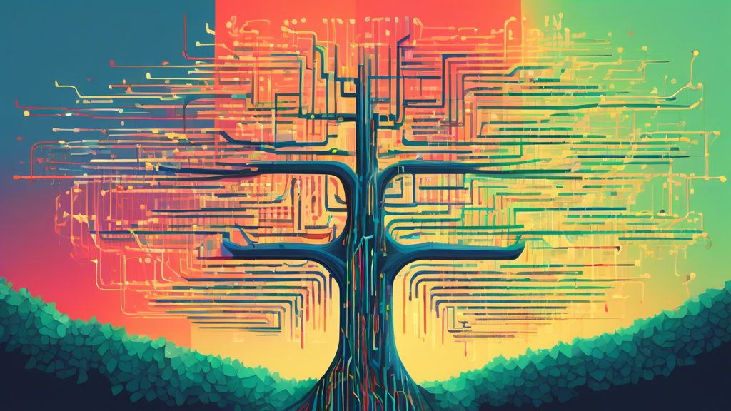 An illustration of a tree growing in the shape of code branches, with distinct paths representing successful Git branching and merging strategies, set against the backdrop of a computer screen filled with lines of code.