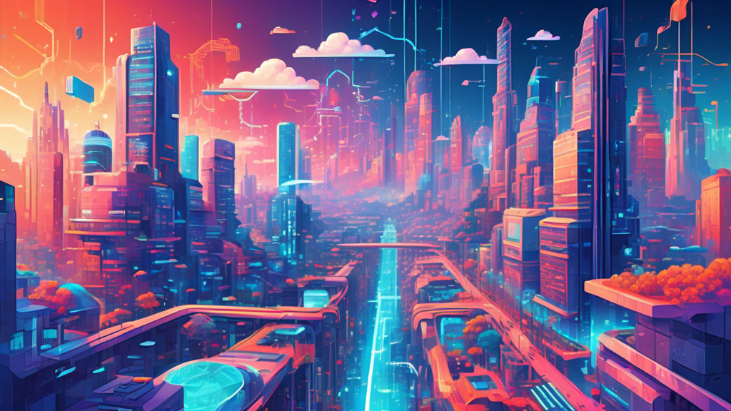 An illustrated landscape showcasing a futuristic city powered and interconnected by Google Cloud technologies, with data streams flowing between buildings under a digital sky.