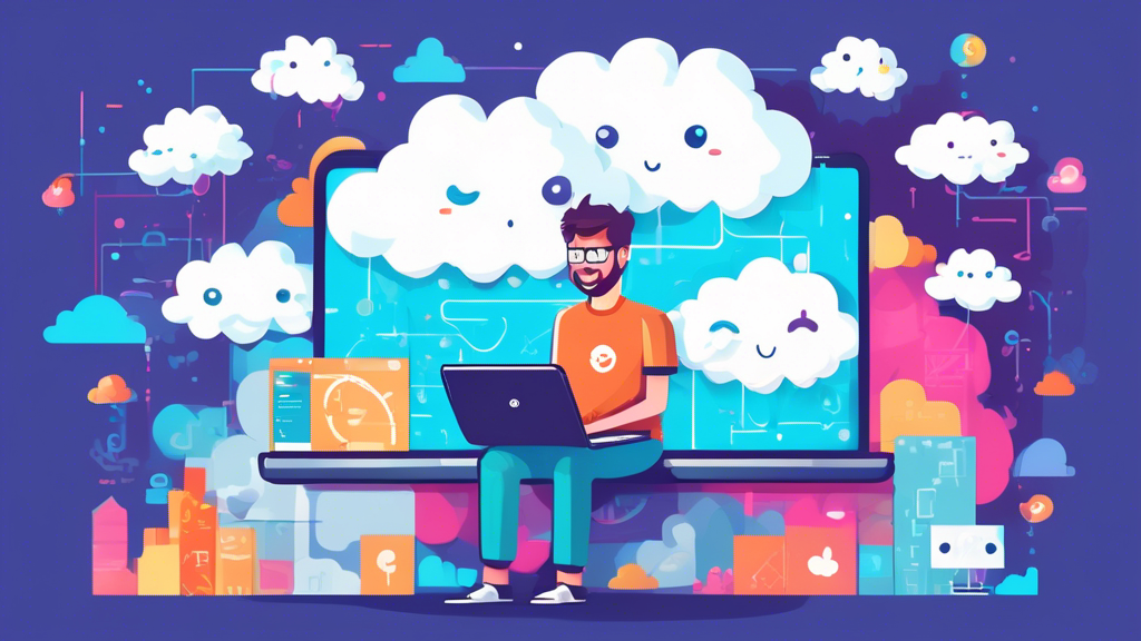 Illustration of a cheerful beginner programmer holding a giant laptop with fluffy, cloud-shaped icons representing different cloud computing platforms floating above it, situated against a background of a digital world map.