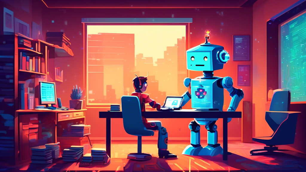 A friendly robot teaching a young developer how to use Git on a computer screen, with open books and digital code surrounding them in a softly lit study room.