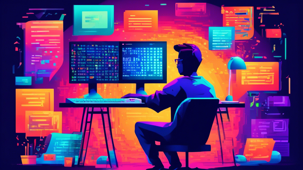 A colorful illustration of a person sitting in front of a computer, learning to code with HTML, surrounded by web code symbols, books, and a large monitor displaying the beginning of a webpage.