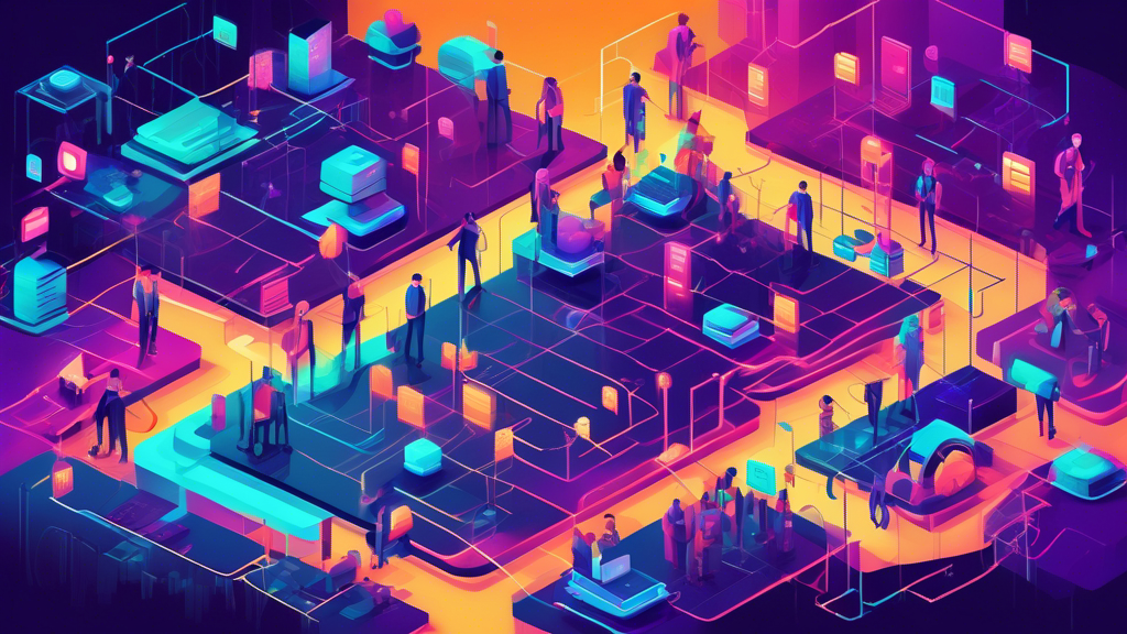 An illustrated digital landscape showcasing a network of interconnected futuristic smart contracts executing various transactions seamlessly, with a diverse group of developers programming and monitoring these contracts in a high-tech environment.