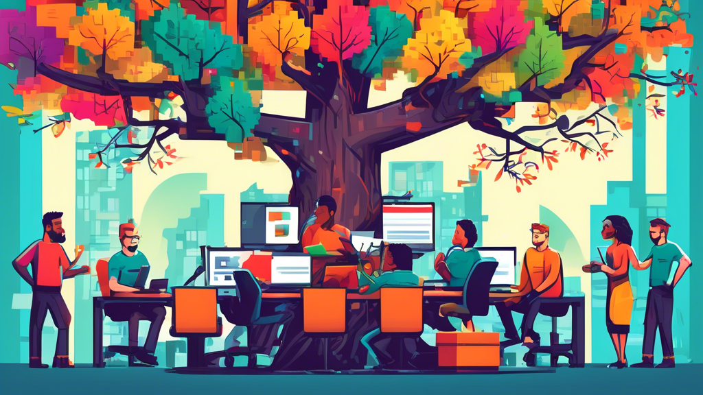 A vibrant, cartoon-style illustration of a diverse team of developers working together on a large, branching tree that symbolizes Git, with branches labeled with terms like 'Commit', 'Merge', 'Rebase', and 'Pull Request', in a modern, collaborative office environment.