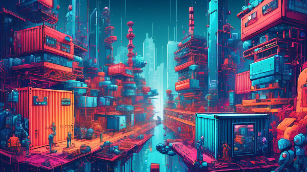 A futuristic cityscape where robots are organizing and maintaining container-like structures flowing in an efficient, organized manner, symbolizing Kubernetes' container orchestration capabilities.