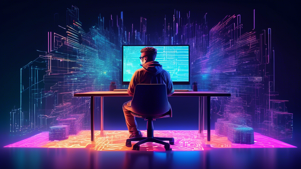 An enthusiastic beginner programmer sitting in front of a computer with holographic projections of code and Terraform logos, showcasing a digital landscape being constructed piece by piece, symbolizing Infrastructure as Code in a futuristic setup.