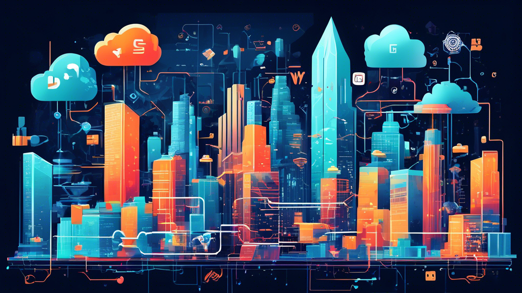 An illustrated book cover featuring a futuristic city powered by cloud technology, with the title 'Understanding Amazon Web Services (AWS): A Comprehensive Guide' overhead, surrounded by interconnected data streams and abstract cloud icons.