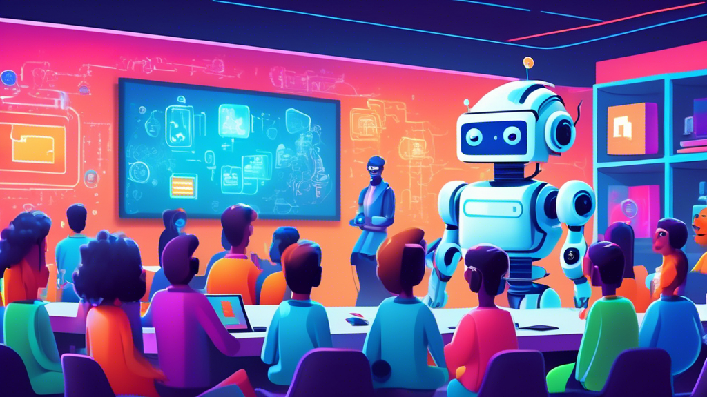 A cheerful robot teaching a group of diverse, curious people about Microsoft Azure, with digital clouds and holographic screens, against a futuristic classroom background.