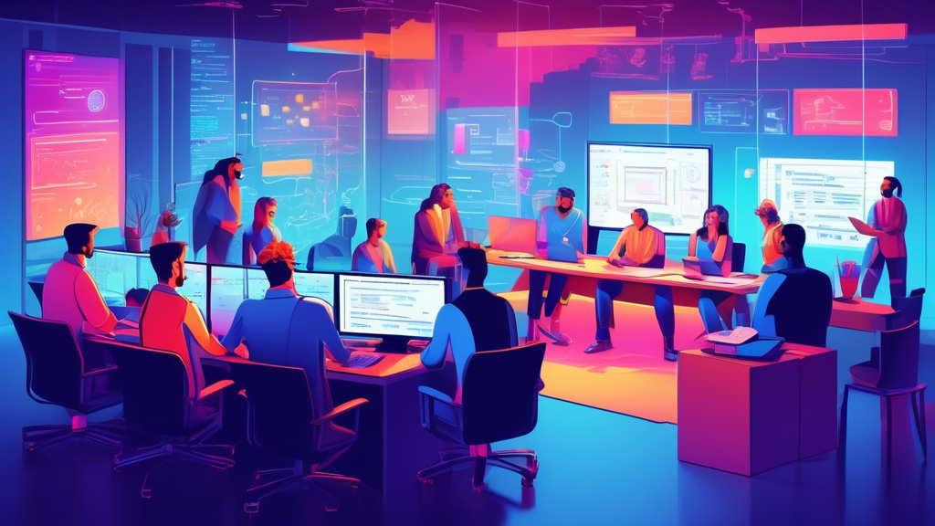 A group of developers and stakeholders gathered around a computer, collaboratively writing and discussing test cases in a brightly lit, modern tech office setting, with a large, visible display showing a flowchart of Behavior-Driven Development (BDD) processes.