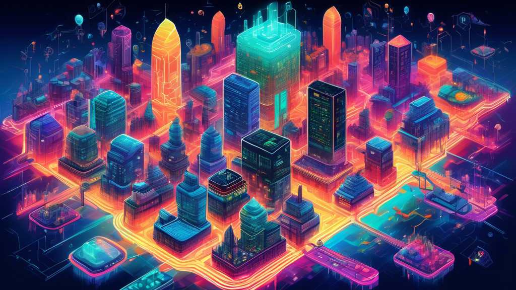 A colorful, intricately detailed digital painting illustrating various blockchain consensus mechanisms as futuristic cities interconnected by glowing data streams, with symbols for Proof of Work, Proof of Stake, and Delegated Proof of Stake floating above each city.