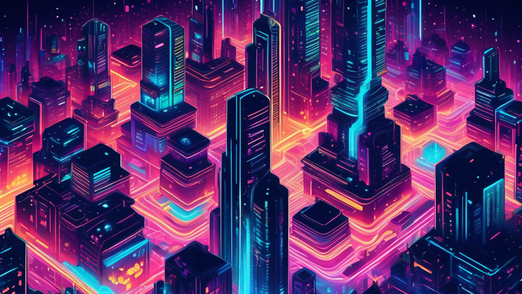 Create an intricate digital artwork illustrating a futuristic cityscape, where each building represents a different component of a microservices architecture, interconnected with glowing neon data streams.