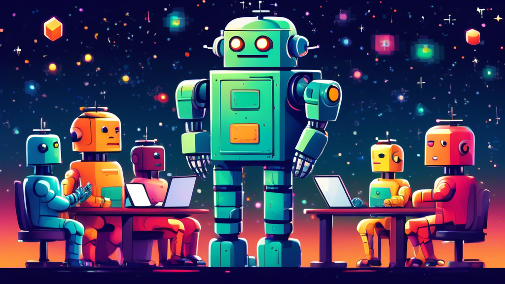 A colorful, engaging digital illustration of a friendly robot teaching a small group of diverse people about MongoDB, with visual metaphors of databases and data structures in the background, under a clear, starry sky.