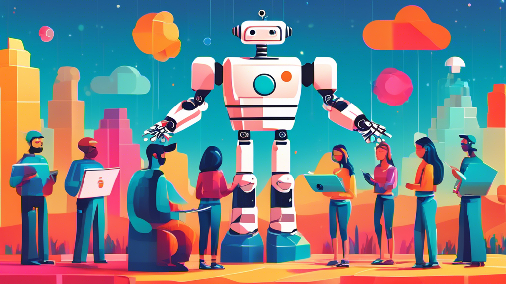 An illustrated digital landscape showing a friendly robot teaching a diverse group of people about the MySQL logo, surrounded by databases and colorful data streams under a clear sky.