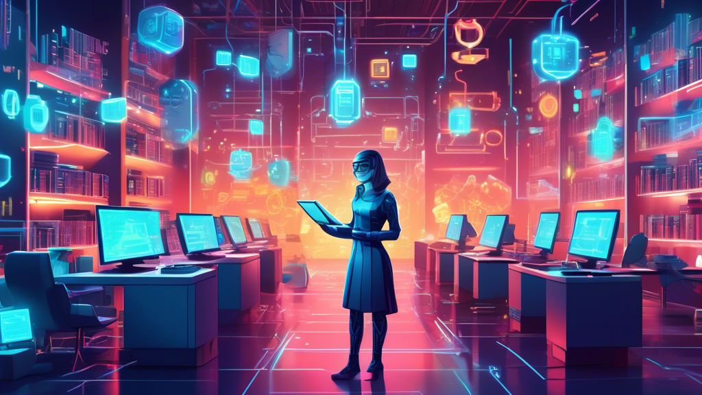 A beautifully illustrated digital concept art of a futuristic librarian sorting through glowing, floating NoSQL database icons, with a diverse array of devices and robots accessing the data in a high-tech library setting.