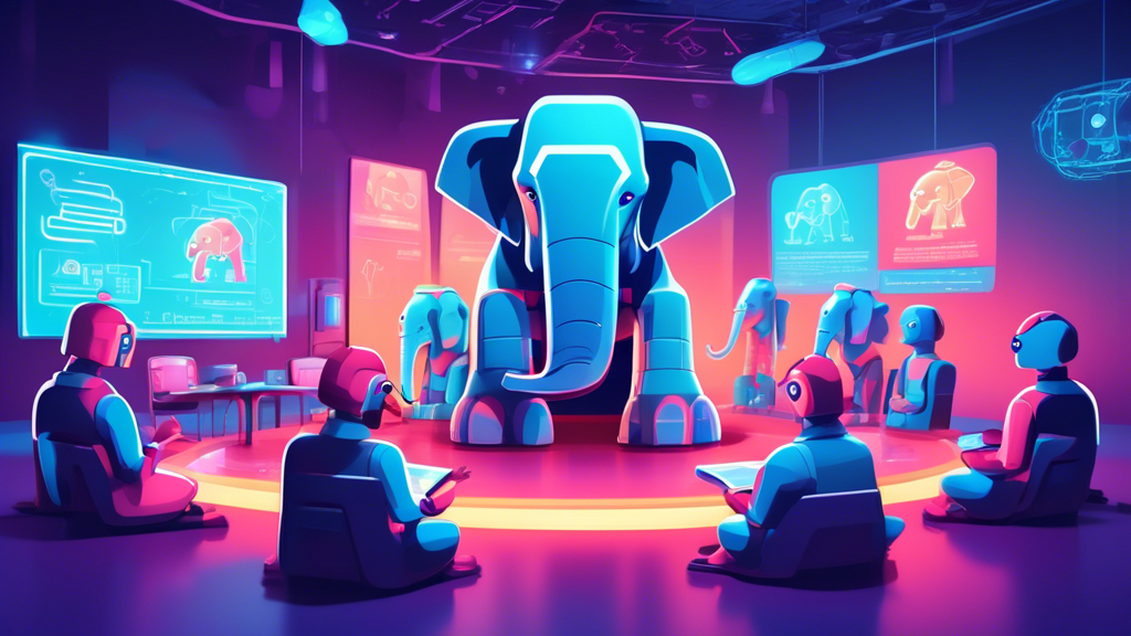 Digital illustration of a friendly robot teaching a diverse group of people about PostgreSQL, with a large, glowing PostgreSQL elephant logo in the background, all sitting in a futuristic classroom setting.