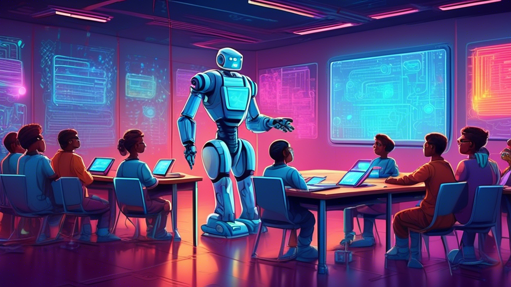 An intricate digital painting of a modern, friendly robot teacher explaining the concept of 'Proof of Work' using glowing holograms of computers and cryptographic puzzles to an attentive, diverse group of novice learners in a futuristic classroom.