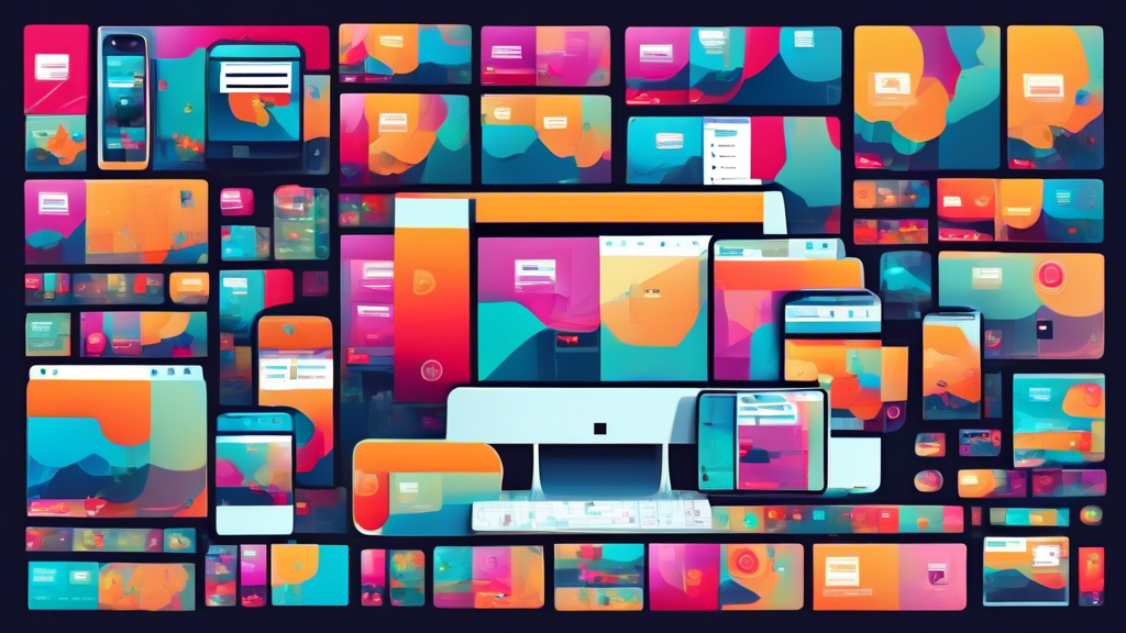 An intricate digital illustration showcasing multiple devices such as a desktop, tablet, and smartphone displaying the same website seamlessly with fluid grids, flexible images, and media queries floating around them, symbolizing the essence of responsive web design.