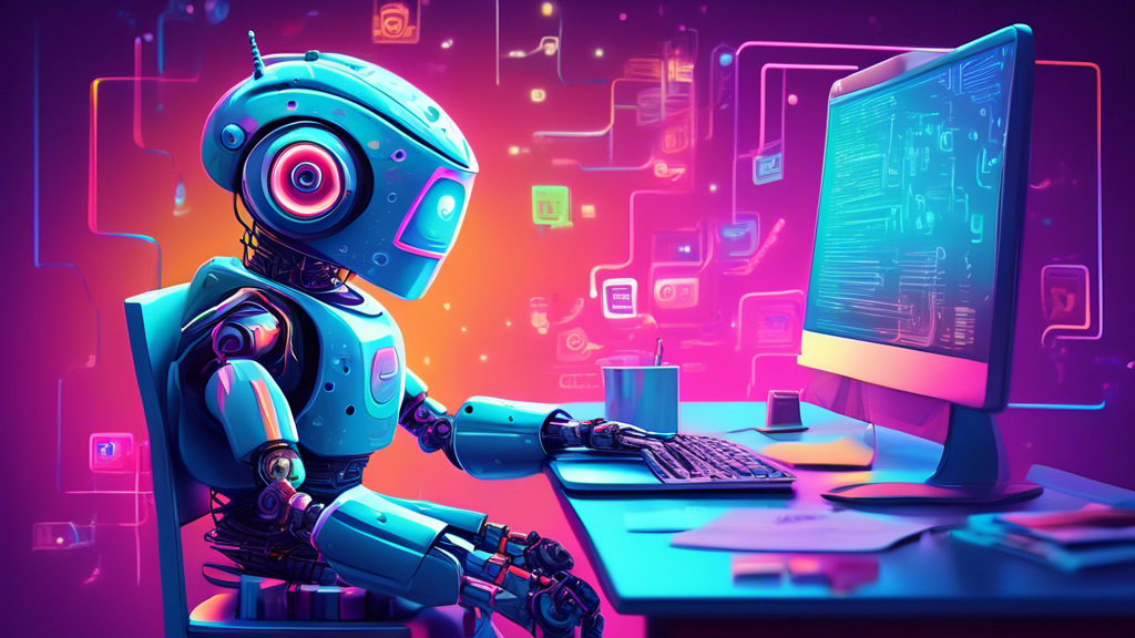 Digital illustration of a wide-eyed, curious robot sitting in front of a computer, intently studying the Symfony logo, surrounded by floating holographic PHP code snippets, conveying an atmosphere of learning and discovery.