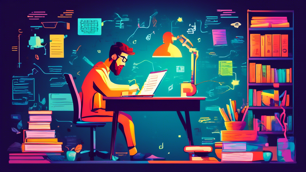 An illustration of a programmer writing and running tests on a computer before coding, surrounded by books and notes on Test-Driven Development (TDD), with a light bulb symbolizing an idea above their head.