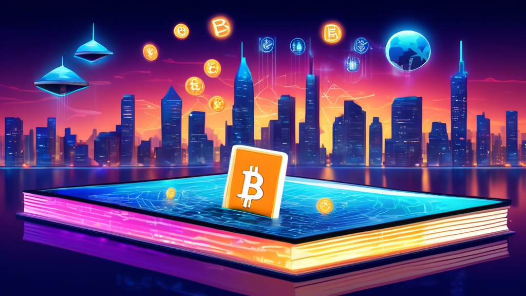 An illustrated guidebook floating above an open digital tablet, with shining cryptocurrency symbols like Bitcoin and Ethereum coming to life and jumping out of the pages, all set against the backdrop of a futuristic city skyline at dusk.