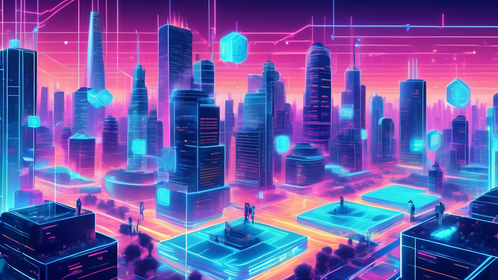 A digital illustration of a futuristic city landscape, where traditional banks are replaced by decentralized blockchain structures, symbolizing a thriving DeFi ecosystem. The image incorporates holographic screens displaying cryptocurrencies and smart contracts in action, with people interacting through secure, transparent digital transactions.