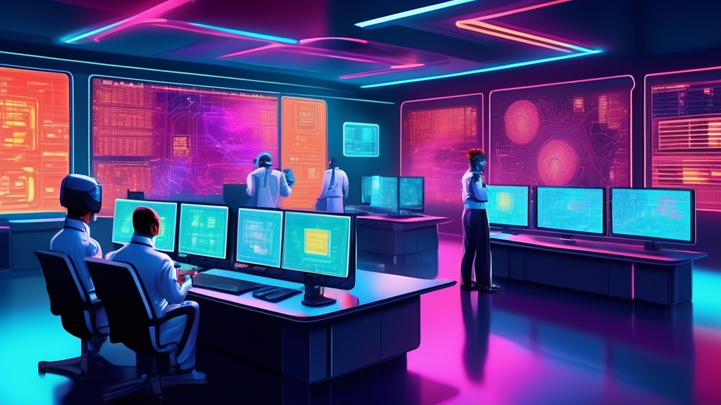 A futuristic control room with state-of-the-art biometric authentication devices such as retina scanners and fingerprint readers, operated by professionals in high-tech uniforms, against a backdrop of