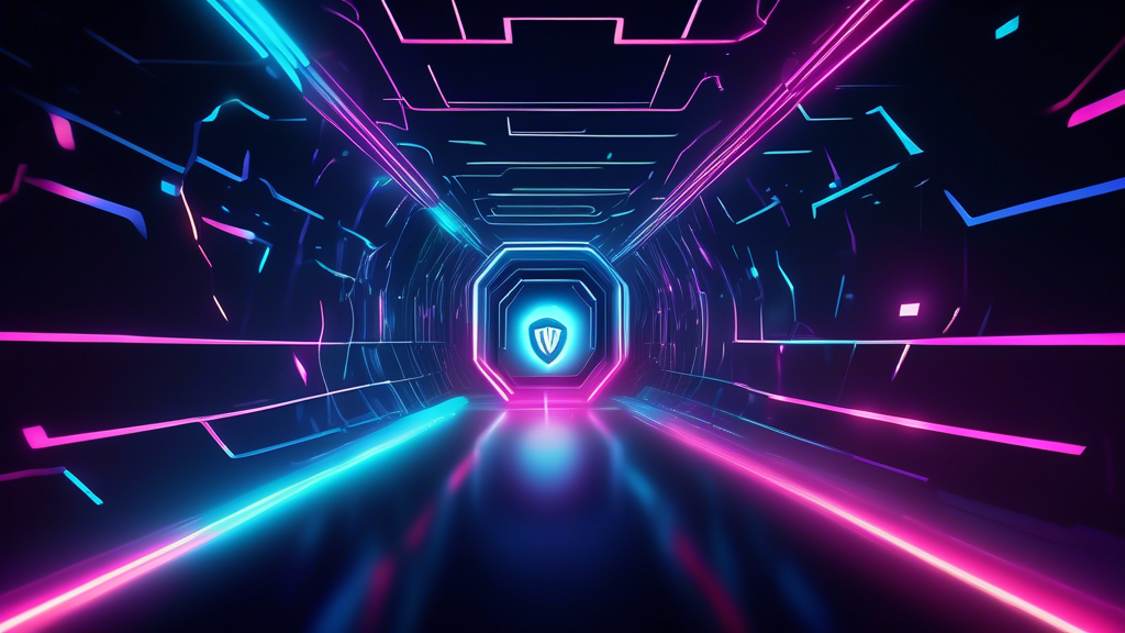 Digital illustration of a secure VPN tunnel as a futuristic, glowing pathway through a dark cyberspace, with digital data flowing around it and a shield symbolizing protection at the entrance.