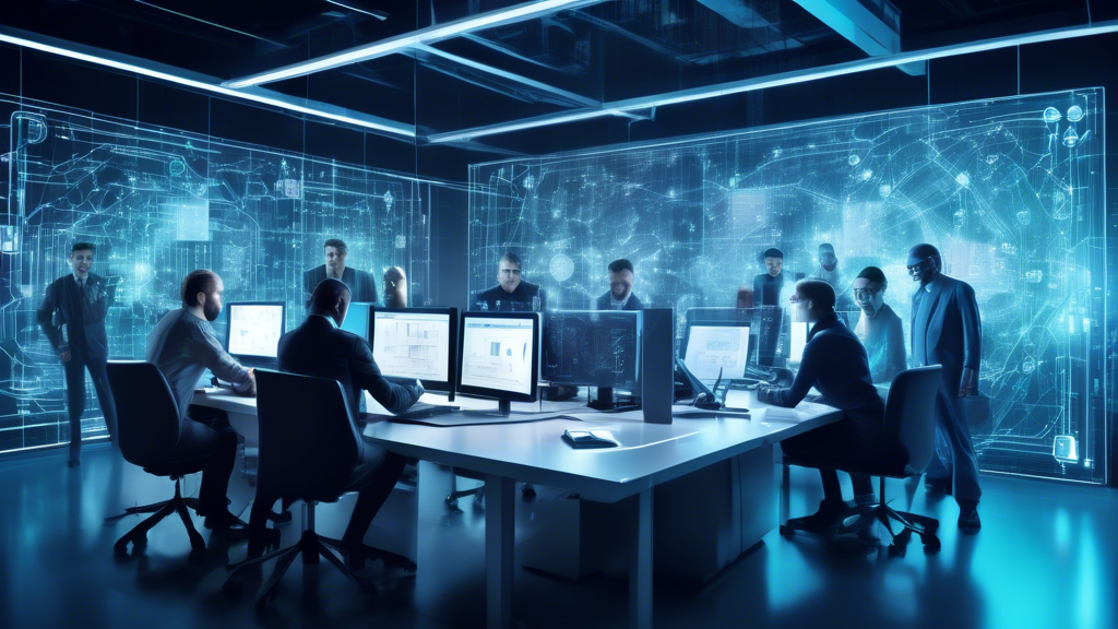 A digital artwork depicting a team of diverse cybersecurity experts in a high-tech office environment, actively engaged in white-box penetration testing. They are surrounding a large, transparent glas