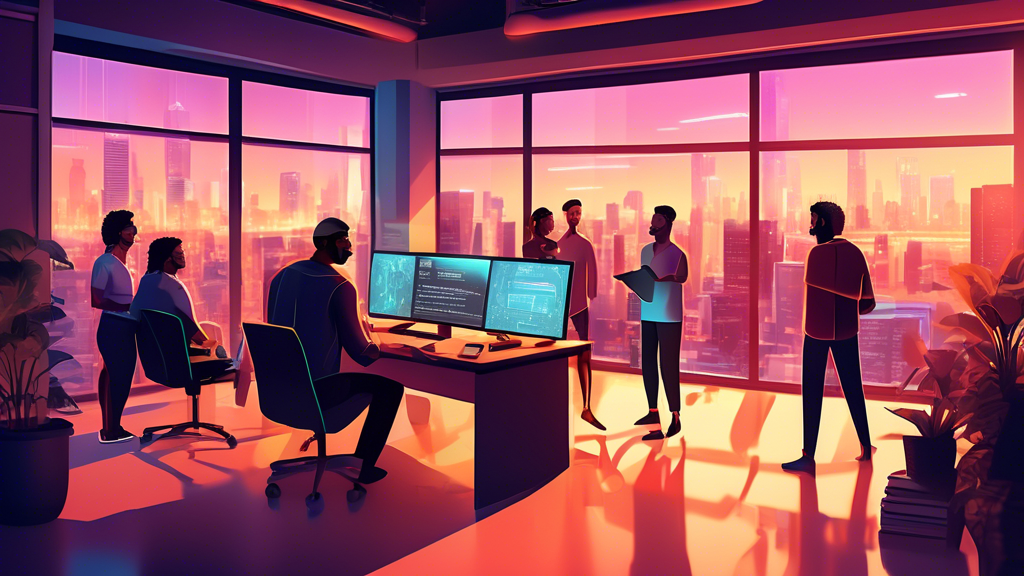 Create a digital artwork of a diverse group of people enthusiastically discussing around a large, glowing computer screen displaying code and a preview of a sleek, professional website. The background