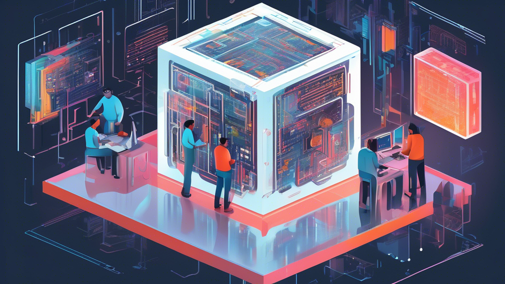 A digital illustration of a diverse group of software developers analyzing a semi-transparent, large, cubic structure labeled Gray-Box Testing. Inside the cube, partially visible intricate circuits an
