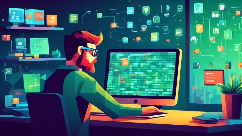 Digital illustration of a developer working on a computer with floating icons representing MongoDB, Express.js, AngularJS, and Node.js around the screen in a modern office environment.