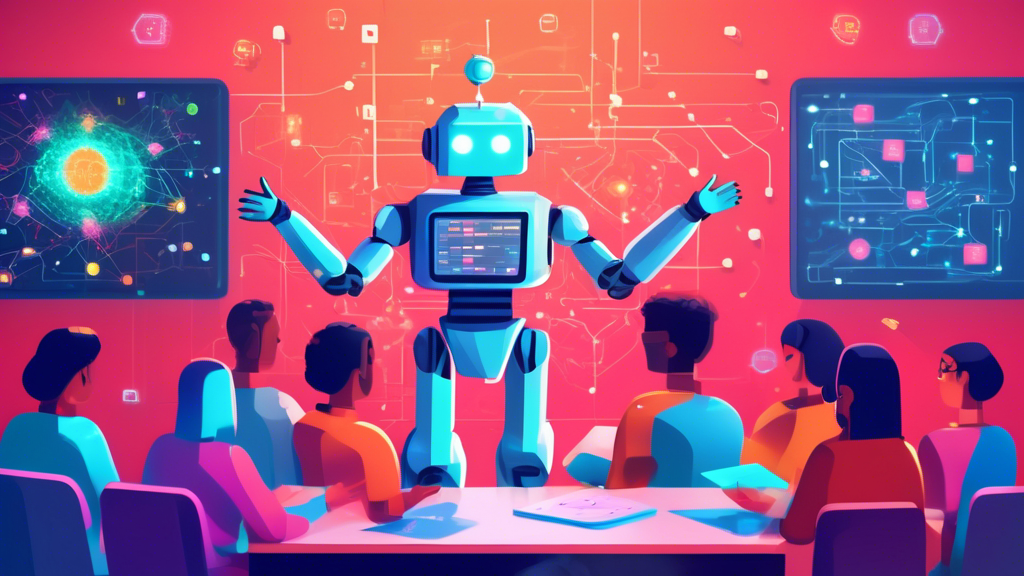 An animated, friendly robot teaching a group of diverse people how to use PyTorch, surrounded by floating code snippets and neural network diagrams, in a futuristic classroom setting.