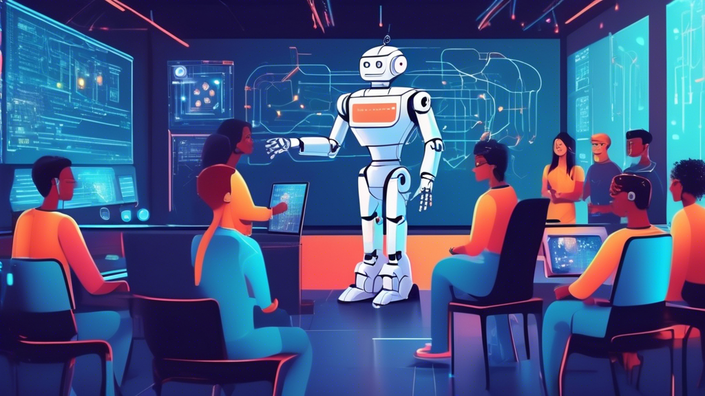 Illustration of a friendly robot teaching a group of diverse people how to use TensorFlow, with digital screens displaying code and neural network diagrams in the background, in a futuristic classroom setting.