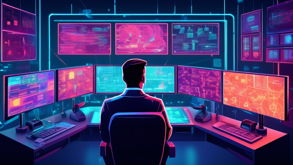 An artistic digital representation of a cybersecurity expert monitoring advanced Intrusion Detection System (IDS) and Intrusion Prevention System (IPS) on multiple screens in a futuristic control room