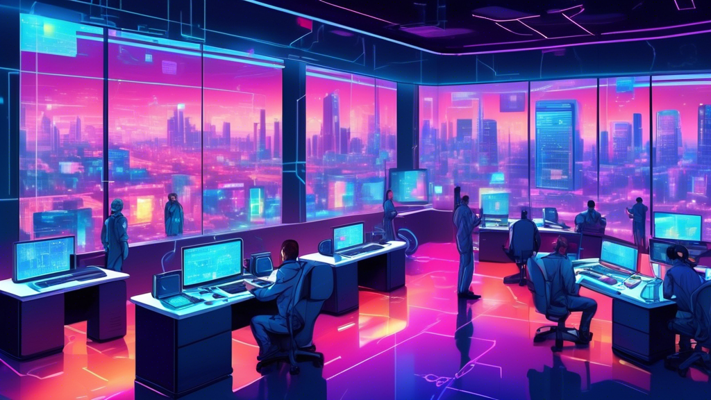 A futuristic digital control room filled with holographic displays and technologically advanced monitoring equipment, engineers analyzing streaming IoT (Internet of Things) data in a state-of-the-art