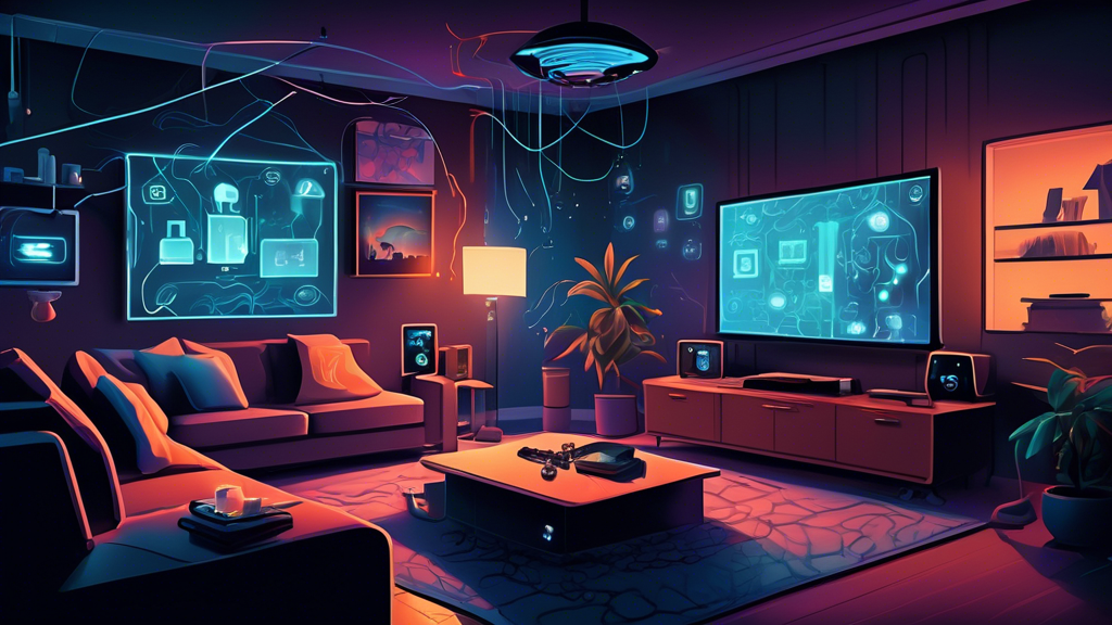 A digital painting of a modern living room filled with various IoT devices such as a smart TV, thermostat, and lights, all surrounded by visible data streams and locks symbolizing security features, w