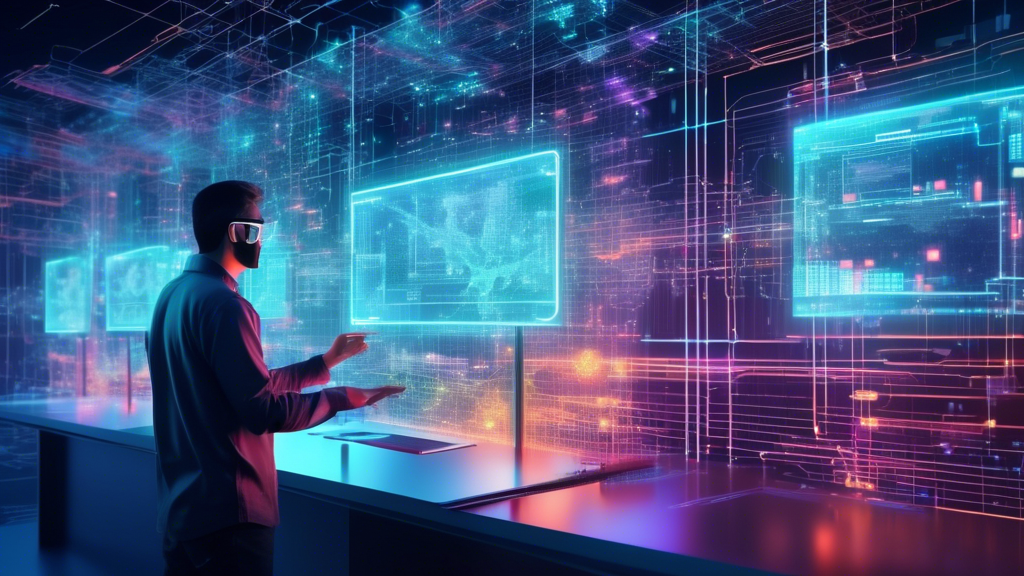 An intricate digital illustration showing a network engineer configuring a complex network on a futuristic holographic interface, with floating digital screens displaying IP addresses, subnet masks, a