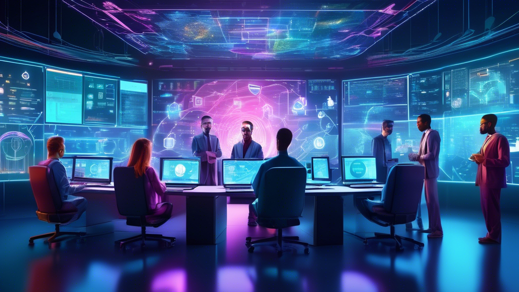 A futuristic digital artwork illustrating a group of cybersecurity experts collaborating around a holographic interface displaying various security layers and ISO 27001 certification icons, set in a h