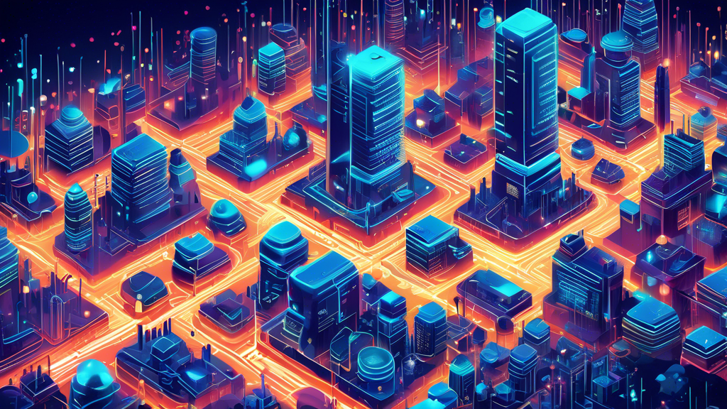 An intricate digital illustration of a bustling futuristic city, where buildings are shaped like various network protocol icons (TCP/IP, UDP, HTTP, FTP), and glowing streams of data packets flow seaml