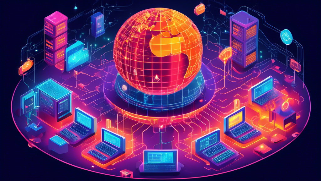 An illustrated digital landscape featuring a fortified data center with advanced security measures, surrounded by firewalls and encryption symbols, set against a backdrop of a networked globe with glo