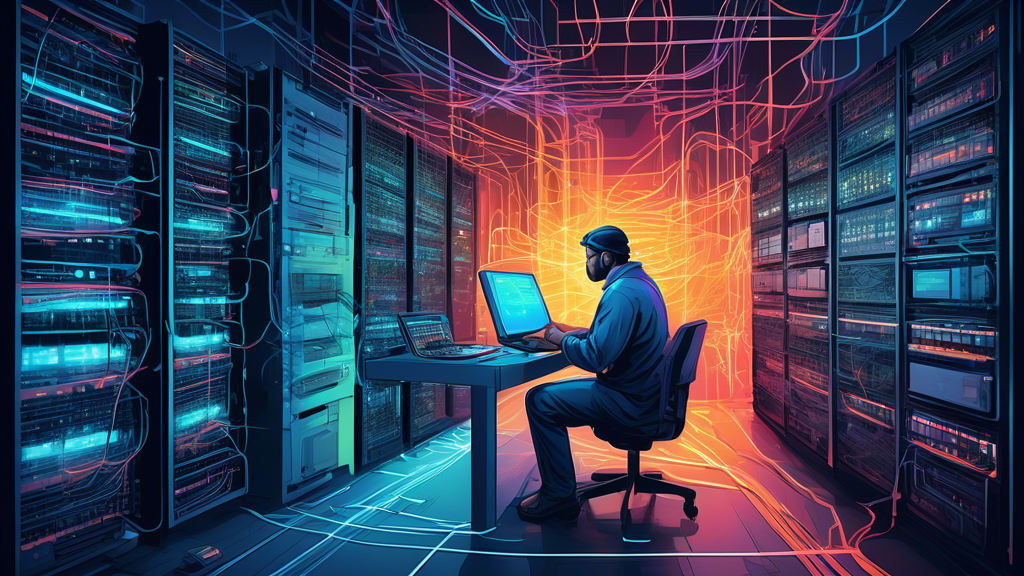 An intricate digital painting of a network engineer configuring a complex network of routers and switches in a high-tech data center, with detailed visualizations of data flow represented as glowing s