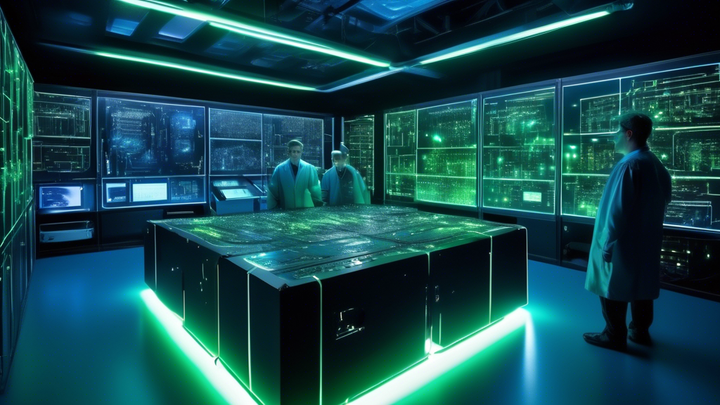 Create an image of a large, opened, futuristic black box located in the center of a high-tech laboratory. Inside the box, show complex circuits and glowing lights that resemble an advanced computer ne
