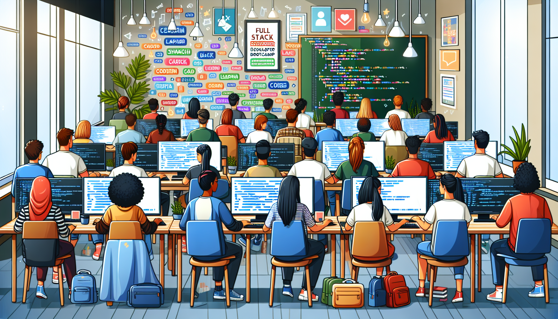 Create an image of a diverse group of people working together in a modern classroom setting with computers and coding symbols floating around. The background should feature motivational posters and a whiteboard with diagrams. Title the scene Full Stack Developer Bootcamp: Boost Your Career! and ensure the atmosphere feels dynamic and collaborative.