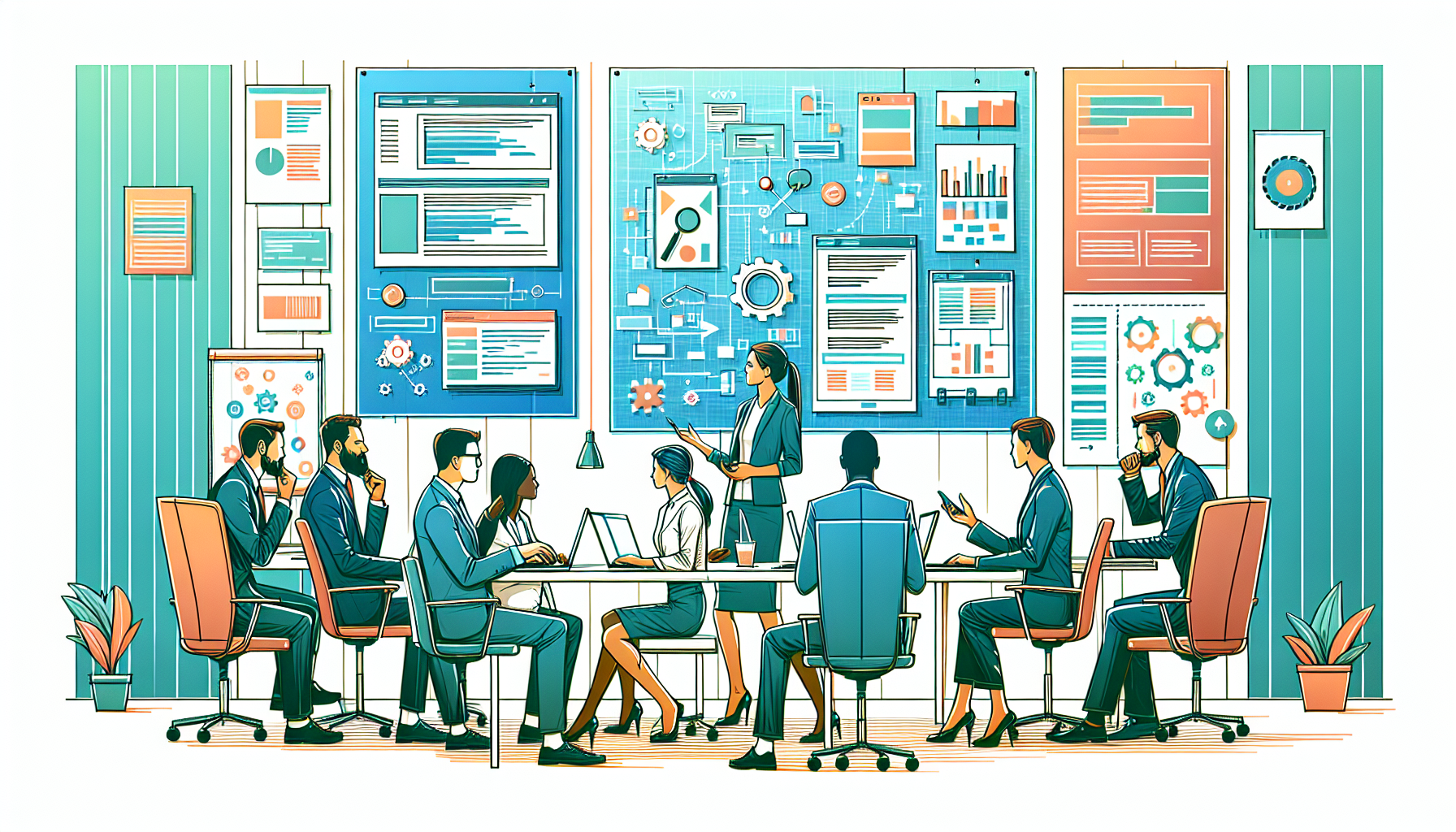 Create an illustrative image of a business meeting scenario where several professionals are discussing and evaluating web development ideas for a new project. In the background, show various digital elements related to web development such as coding symbols, wireframes, and website designs. Include a modern office setting with charts, laptops, and tablets being used by the team.