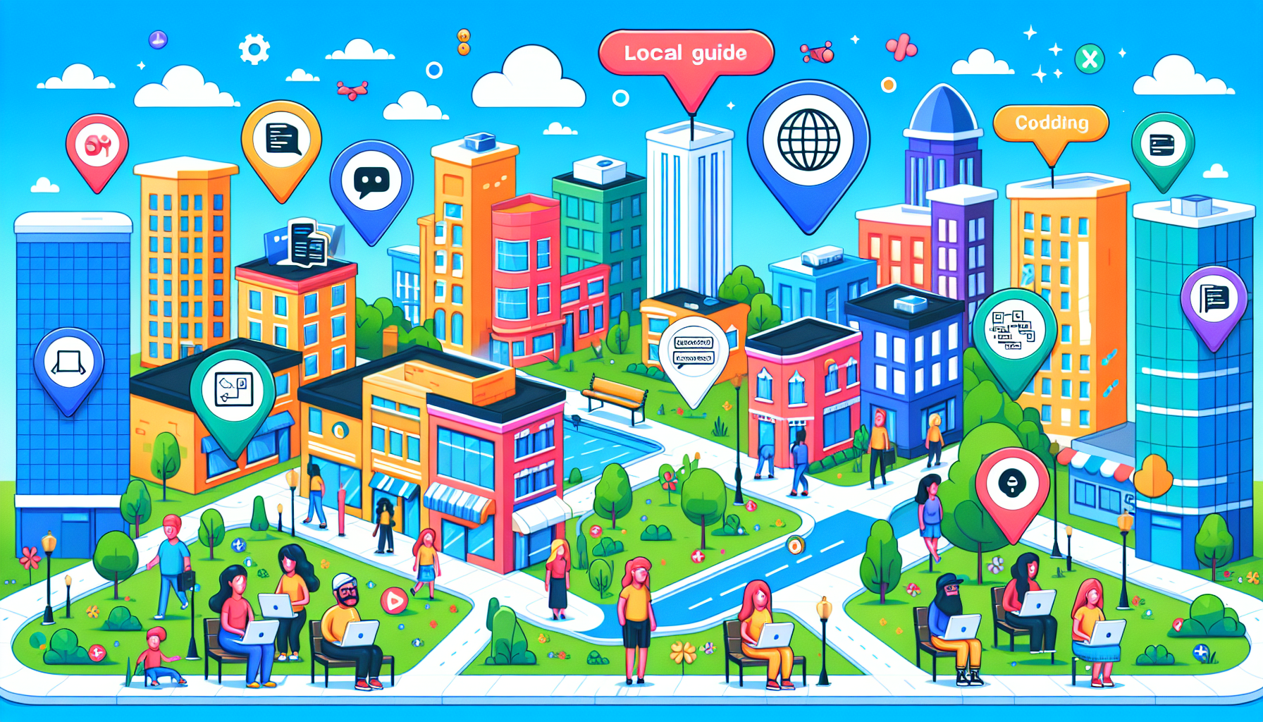 Illustration of a friendly cartoon map showing a scenic neighborhood with various buildings and people working on laptops. Pinpoints with magnifying glasses highlight the locations of top web developers. Add icons like websites, coding symbols, and chat bubbles to represent web development. A banner across the top reads Finding the Best Web Developers Near Me: A Local Guide.